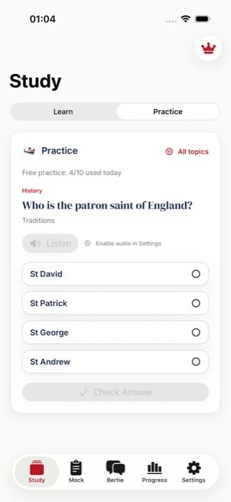 Pass Britain practice question screen with a Life in the UK Test question and answer choices